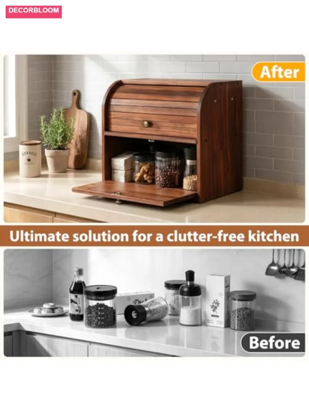 Wooden 2-Tier Bread Box with Roll Top & Cutting Board, Kitchen Storage